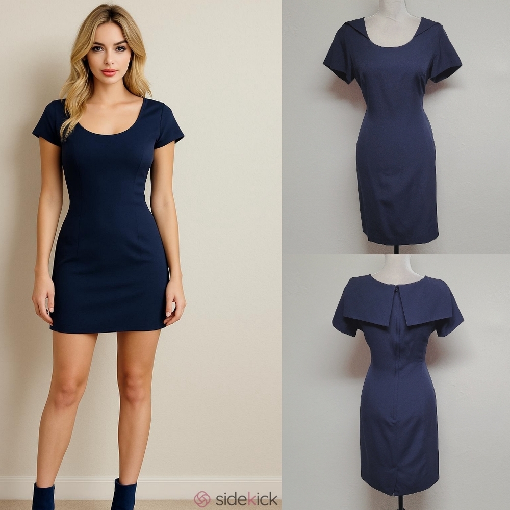 Karlie & Company Vintage 80s Navy Blue Crepe Sailor Collar Mini Sheath Dresa 7/8